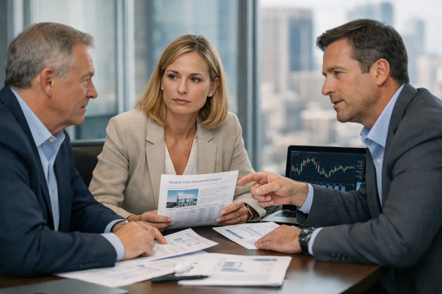 Business professionals discussing medical clinic investment strategy with financial analysis and reports.