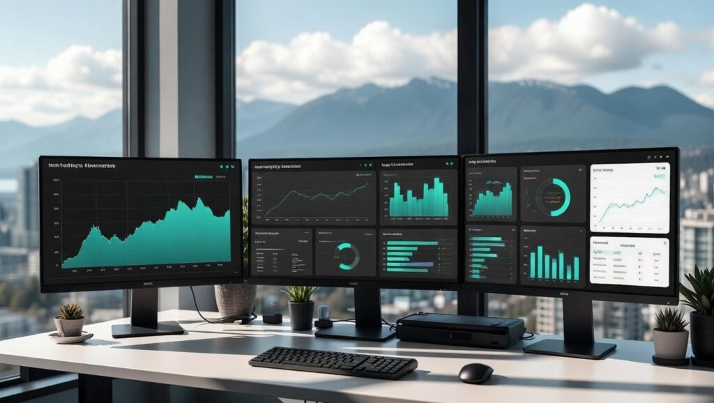 In a modern office in Vancouver, overlooking the city center and the North Shore Mountains, monitors display SEO analytics data, including growth charts, Google search results, and keyword rankings.